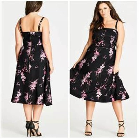City Chic | Dresses | City Chic Black Floral Fit Flare Midi Dress ...